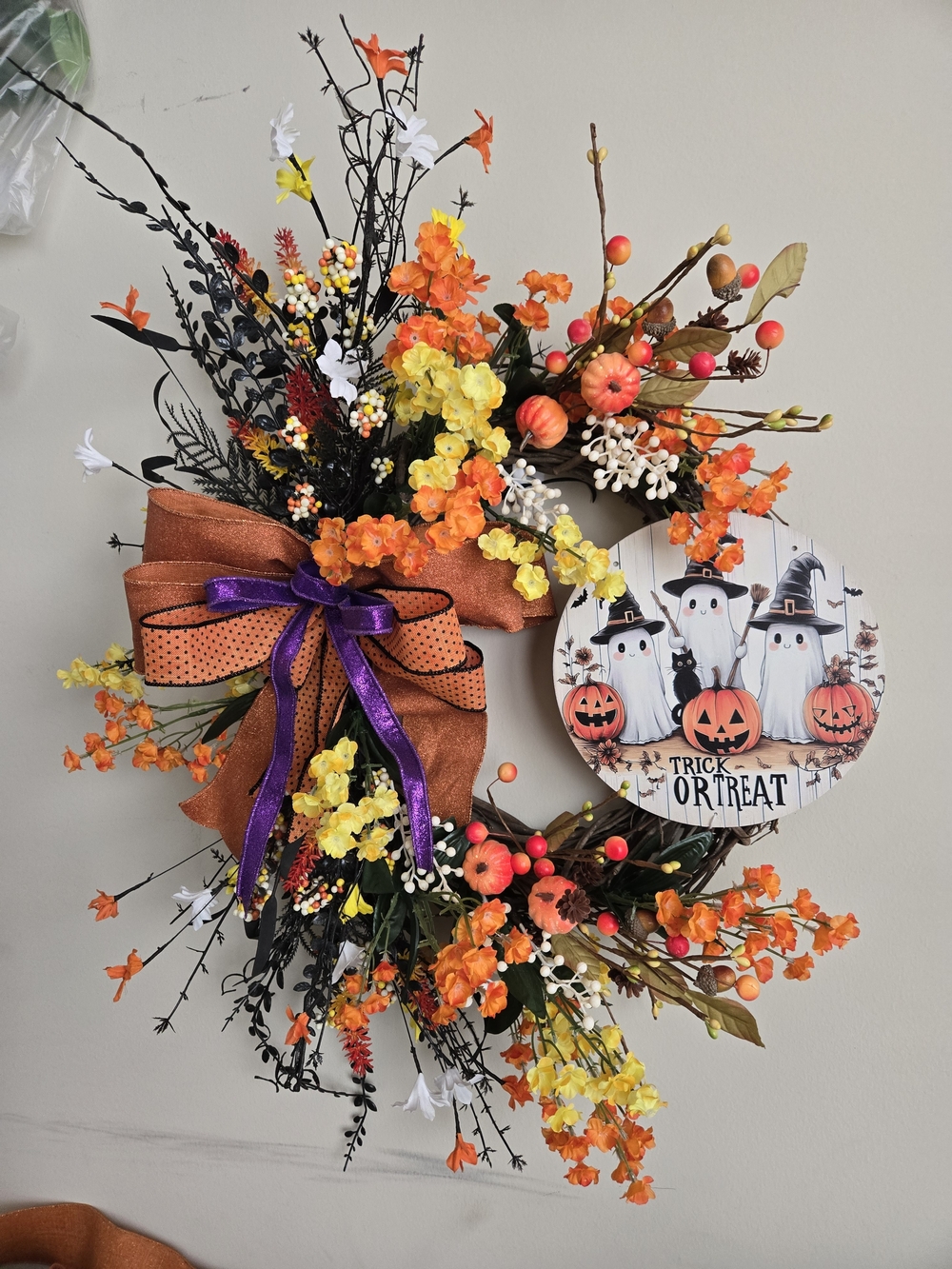 Autumn Harvest Halloween Wreath with Orange and Yellow Florals
